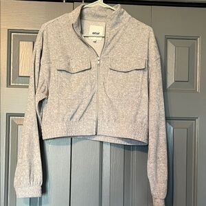 aerie Heather Light Gray Cropped Zip Utility Jacket